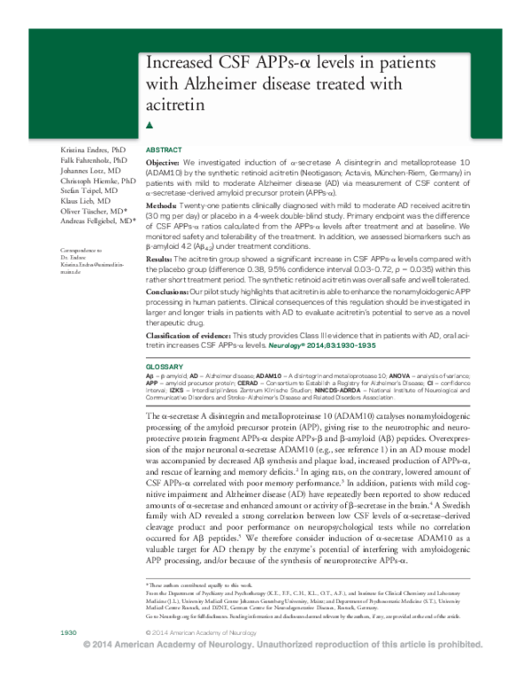 (PDF) Increased CSF APPs-α levels in patients with Alzheimer disease ...