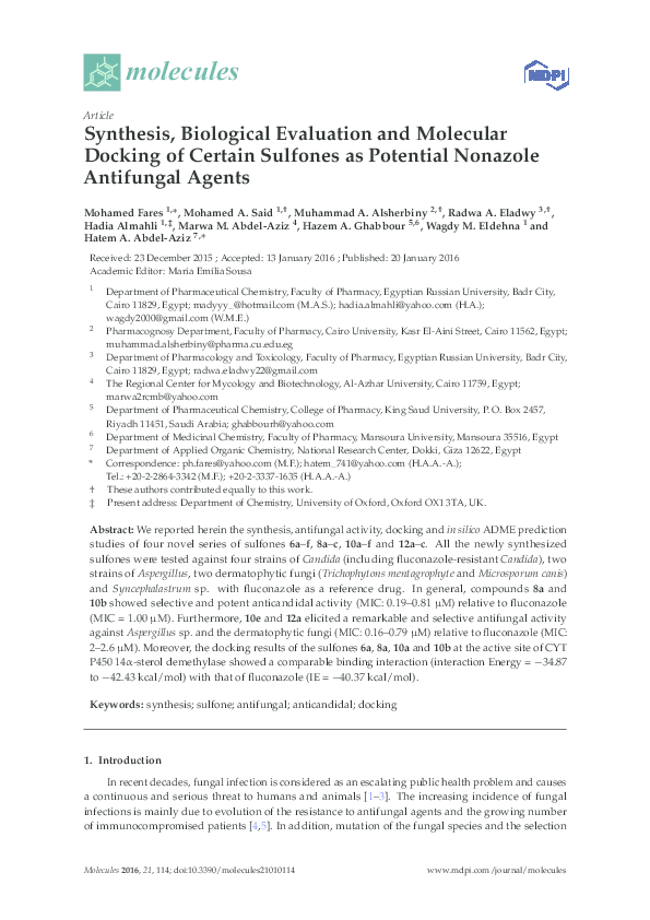 (PDF) Synthesis, Biological Evaluation and Molecular Docking of Certain ...