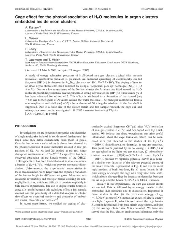 (PDF) Cage effect for the photodissociation of H[sub 2]O molecules in