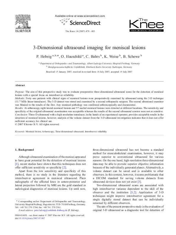 (PDF) 3-Dimensional ultrasound imaging for meniscal lesions