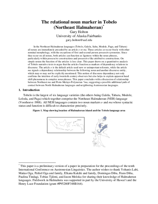 (PDF) The relational noun marker in Tobelo (Northeast Halmaheran
