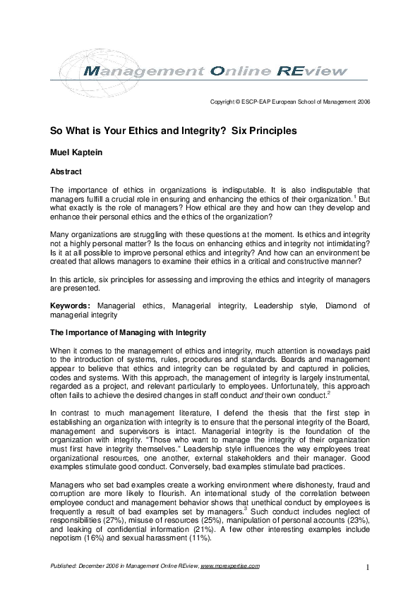 (PDF) So What is Your Ethics and Integrity? Six Principles