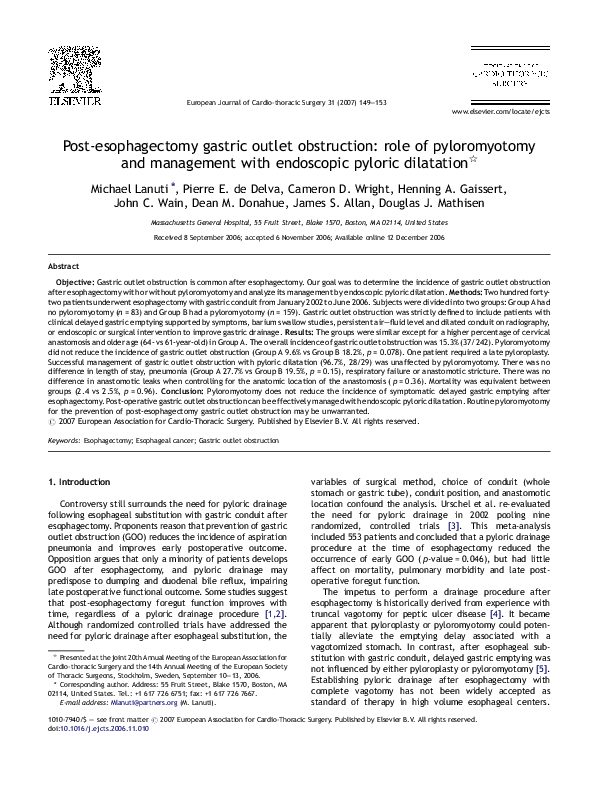 (PDF) Postesophagectomy gastric outlet obstruction role of