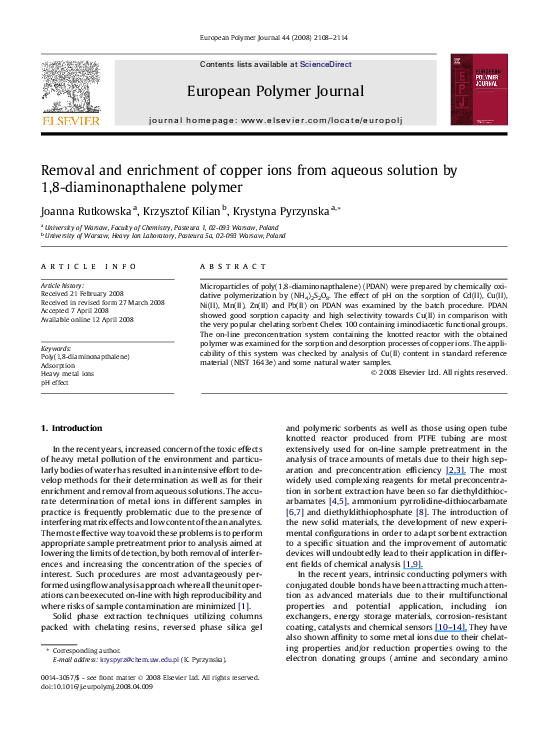 (PDF) Removal and enrichment of copper ions from aqueous solution by 1 ...