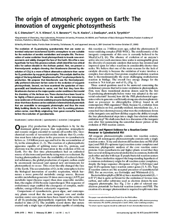 (PDF) The origin of atmospheric oxygen on Earth: The innovation of ...
