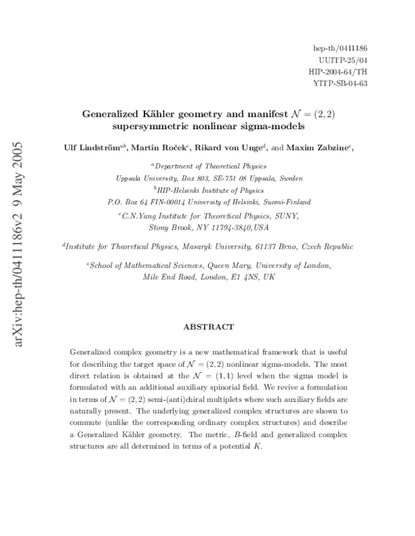 (PDF) Generalized Kähler geometry and manifest Script N = (2,2 ...