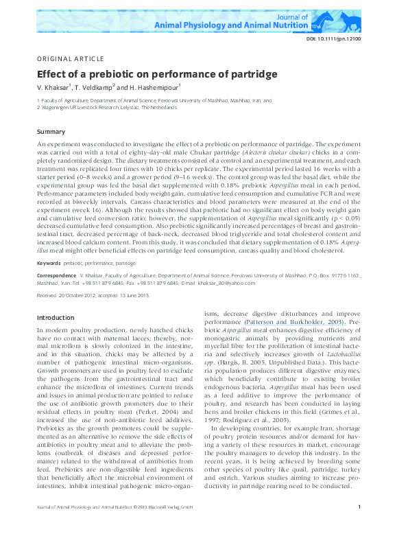 (PDF) Effect of a prebiotic on performance of partridge