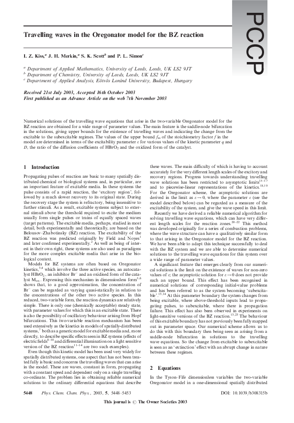 (PDF) Travelling waves in the Oregonator model for the BZ reaction