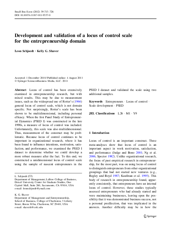 (PDF) Development and validation of a locus of control scale for the ...