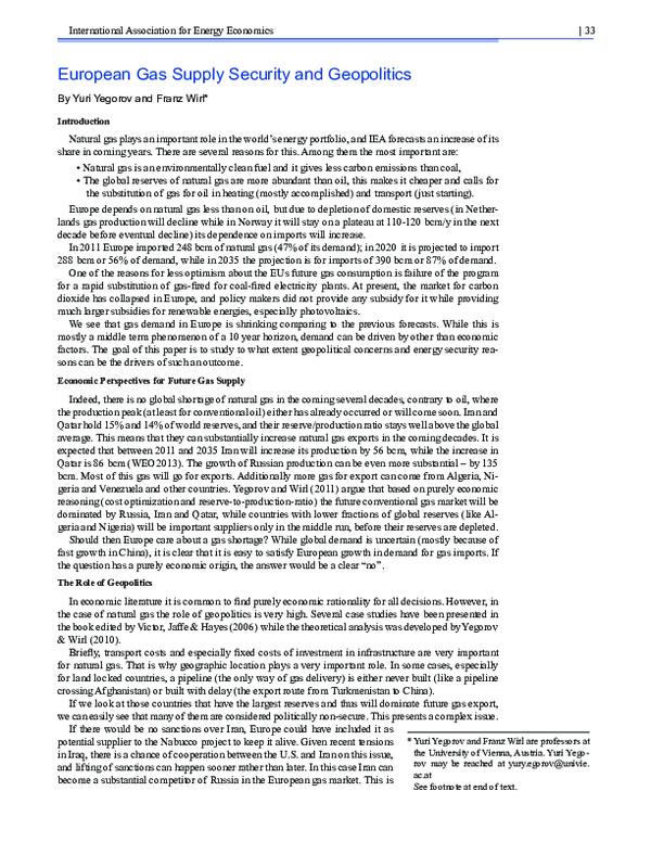 (PDF) European Gas Supply Security and Geopolitics