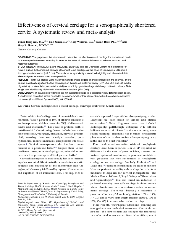 (PDF) Effectiveness of cervical cerclage for a sonographically