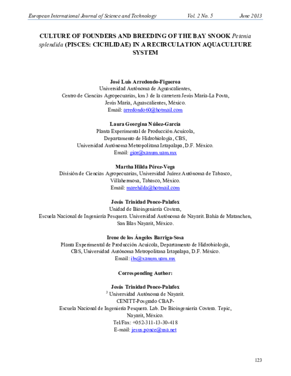  PDF Culture Of Founders And Breeding Of The Bay Snook Petenia 