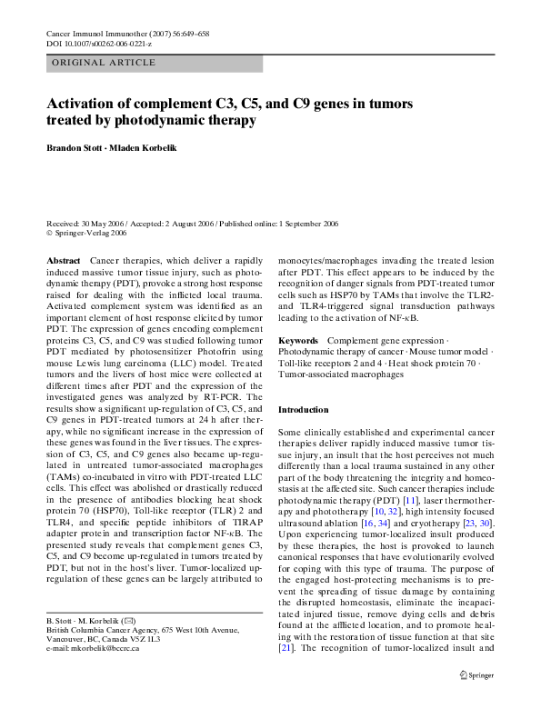 (PDF) Activation of complement C3, C5, and C9 genes in tumors treated ...