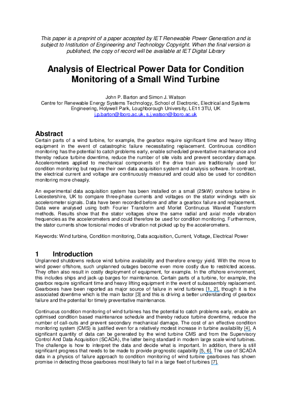 (PDF) Analysis of electrical power data for condition monitoring of a ...
