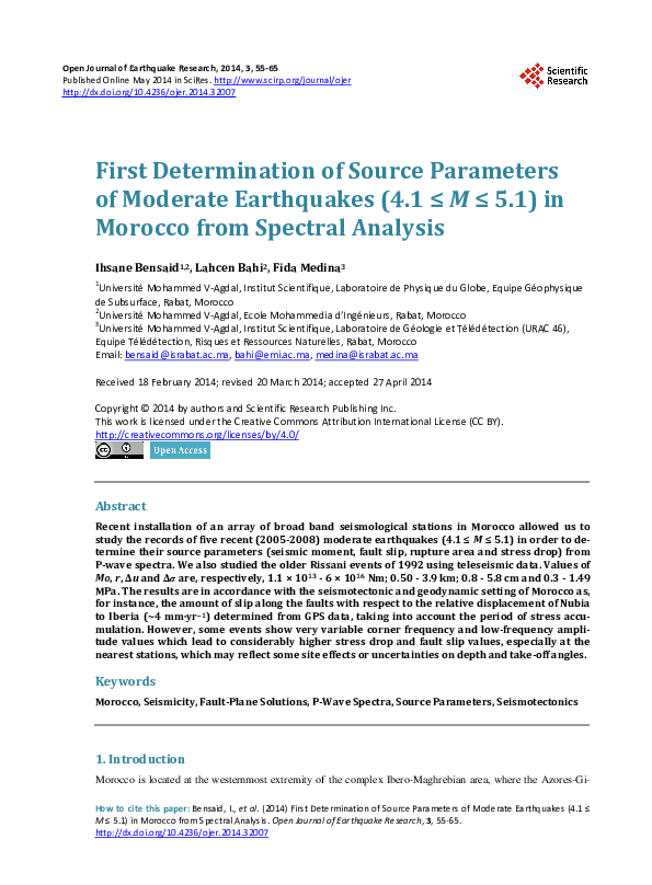 (PDF) First Determination of Source Parameters of Moderate Earthquakes ...