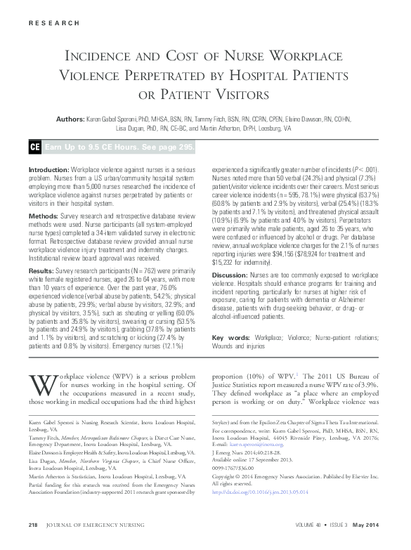 First page of “Incidence and Cost of Nurse Workplace Violence Perpetrated by Hospital Patients or Patient Visitors”