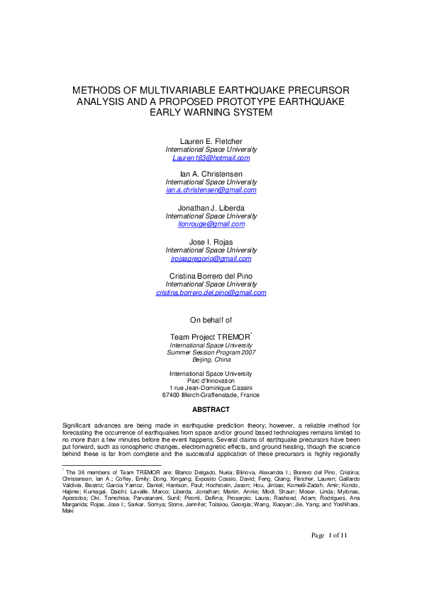 (PDF) Methods of Multivariable Earthquake Precursor Analysis and a Proposed Prototype Earthquake