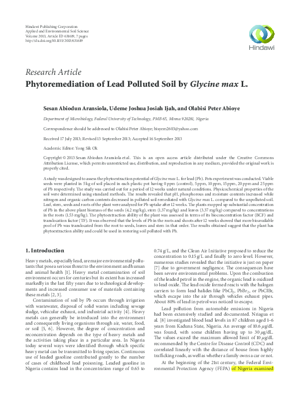 Phytoremediation of Lead Polluted Soil by Glycine max L