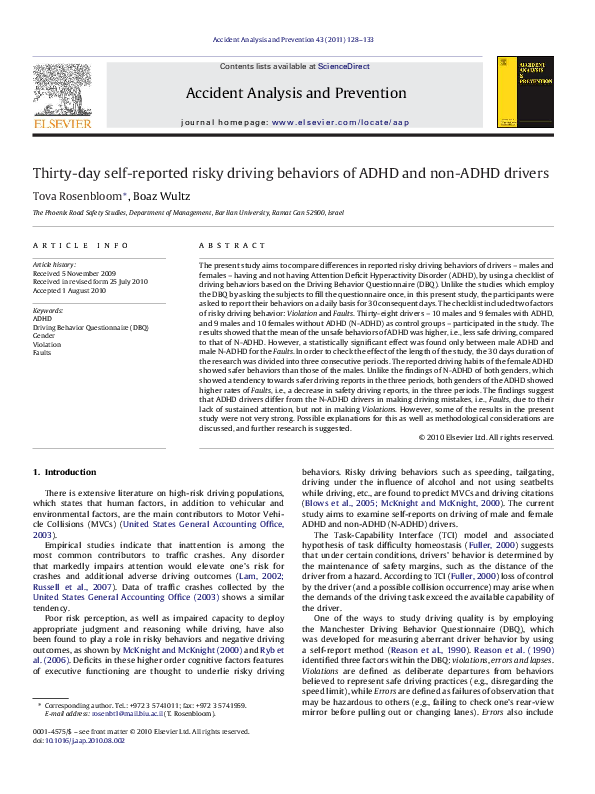 (PDF) Thirty-day self-reported risky driving behaviors of ADHD and non ...