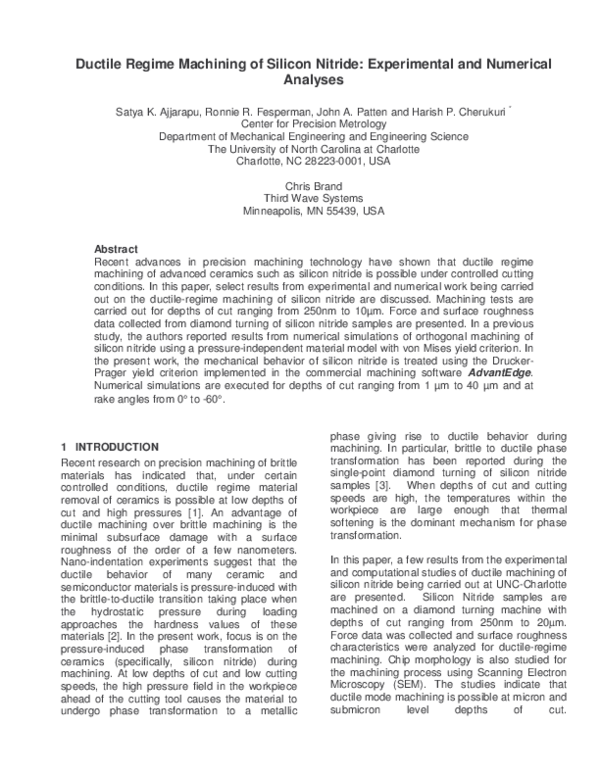 (PDF) Ductile Regime Machining of Silicon Nitride: Experimental and ...