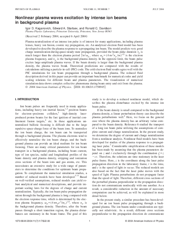 (PDF) Nonlinear plasma waves excitation by intense ion beams in ...