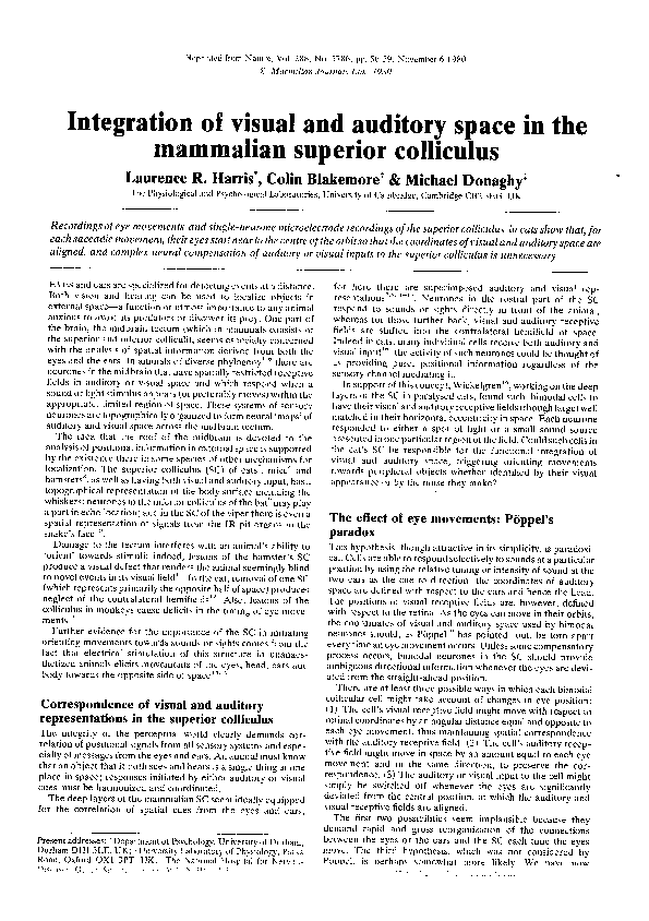 (PDF) Integration of visual and auditory space in the mammalian ...