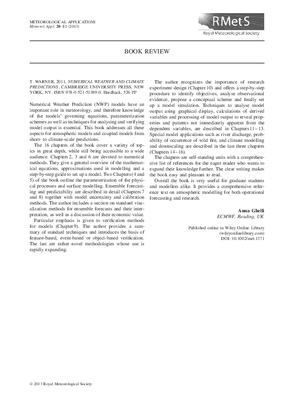(PDF) Numerical Weather and Climate Predictions - by T. Warner