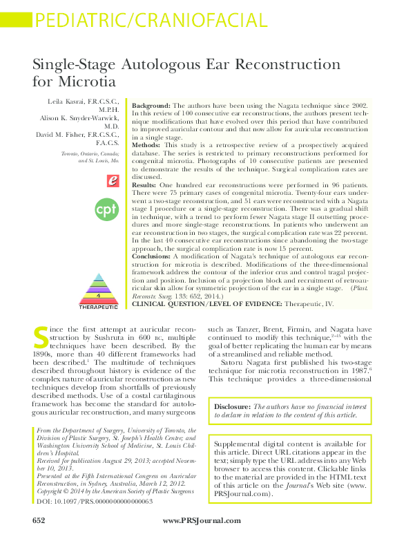 (PDF) Single-Stage Autologous Ear Reconstruction for Microtia