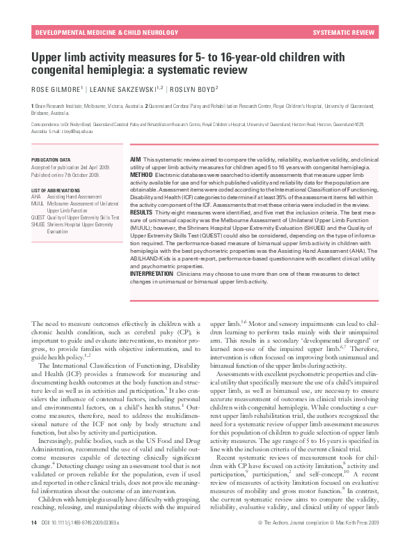 (PDF) Upper limb activity measures for 5- to 16-year-old children with ...