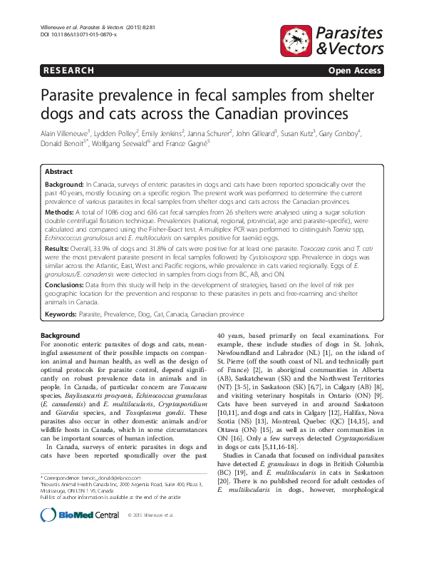 (PDF) Parasite prevalence in fecal samples from shelter dogs and cats ...