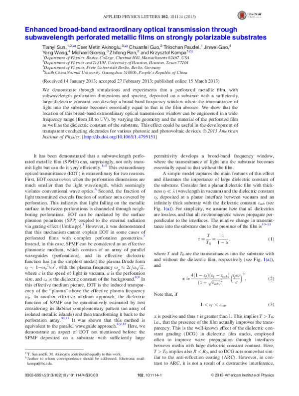 (PDF) Enhanced broad-band extraordinary optical transmission through ...
