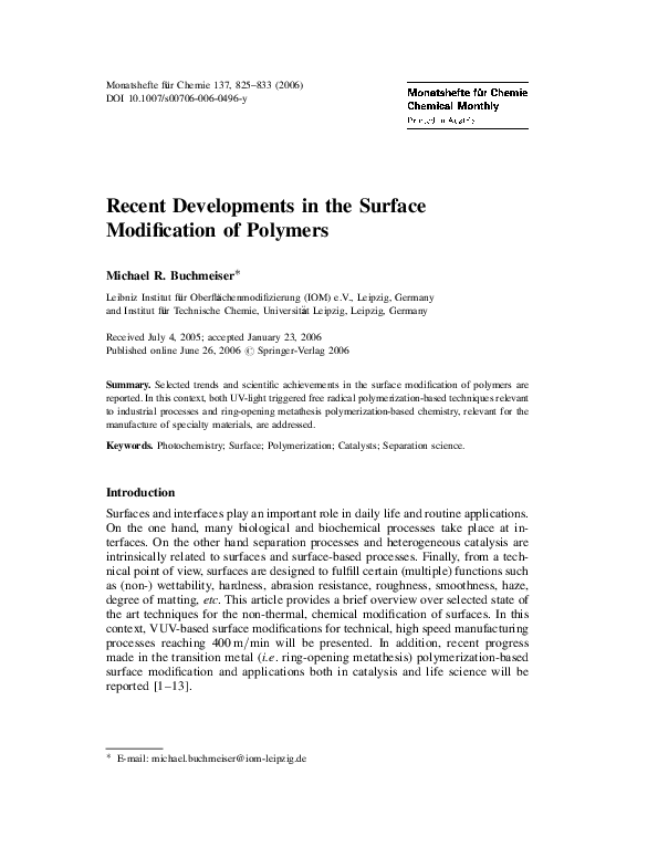 (PDF) Recent Developments in the Surface Modification of Polymers