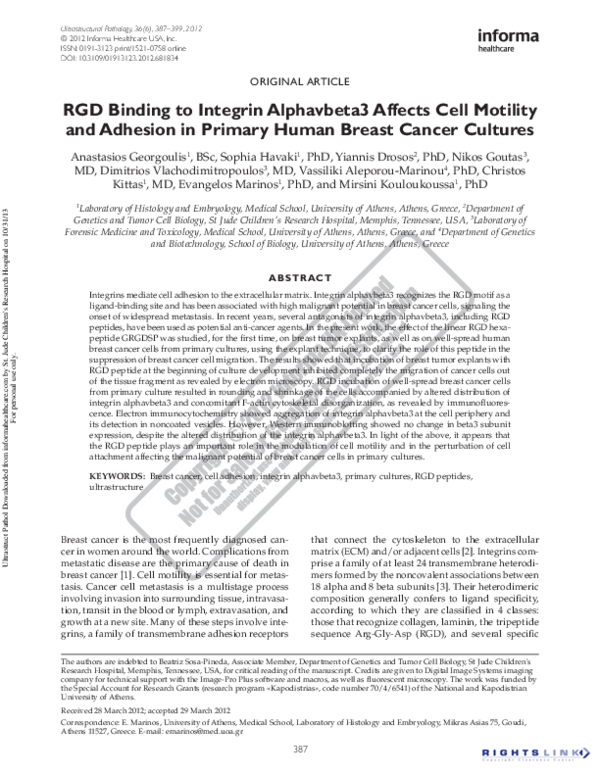(PDF) RGD Binding to Integrin Alphavbeta3 Affects Cell Motility and ...