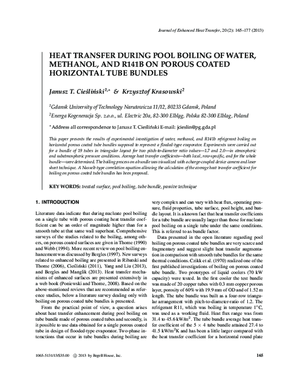 (PDF) HEAT TRANSFER DURING POOL BOILING OF WATER, METHANOL, AND R141B ...