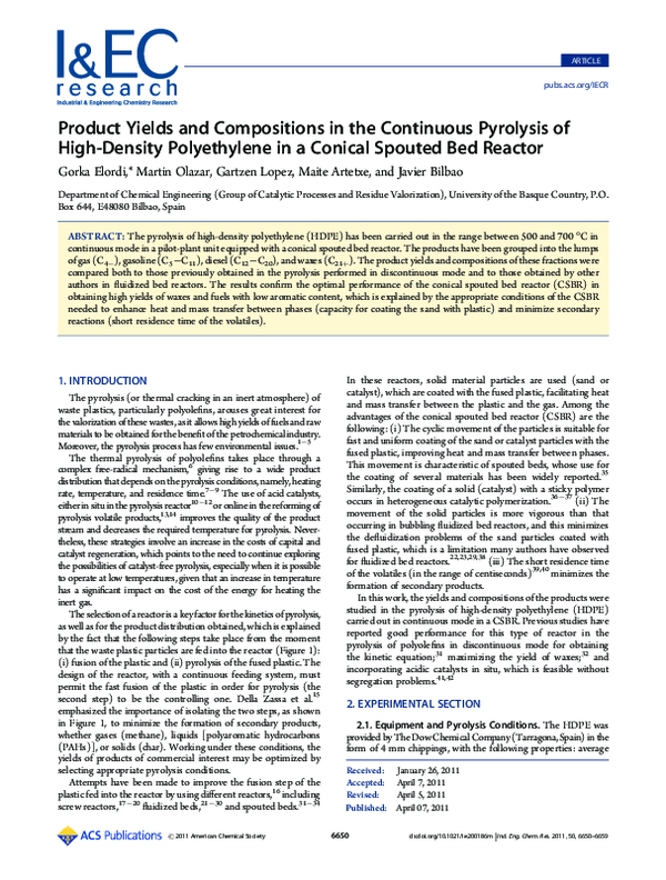 (PDF) Product Yields and Compositions in the Continuous Pyrolysis of ...