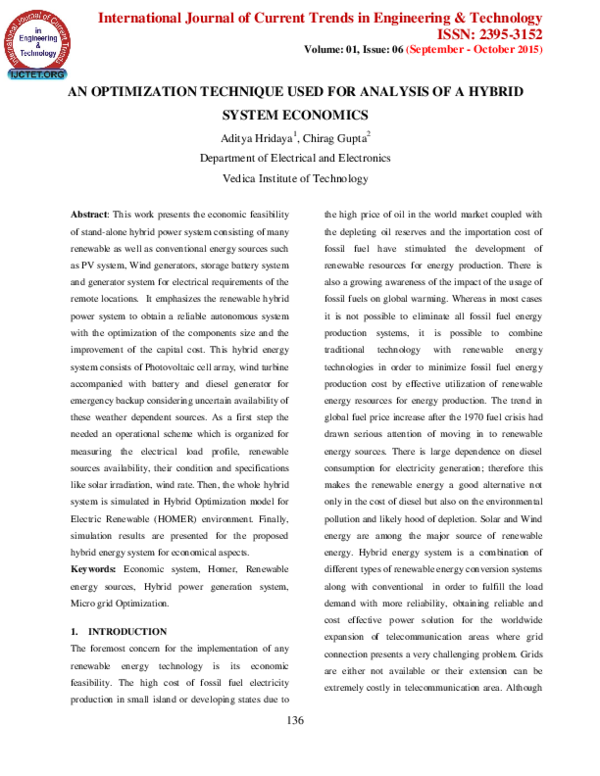 AN OPTIMIZATION TECHNIQUE USED FOR ANALYSIS OF A HYBRID SYSTEM ECONOMICS