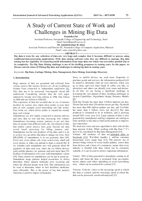 (PDF) A Study of Current State of Work and Challenges in Mining Big Data