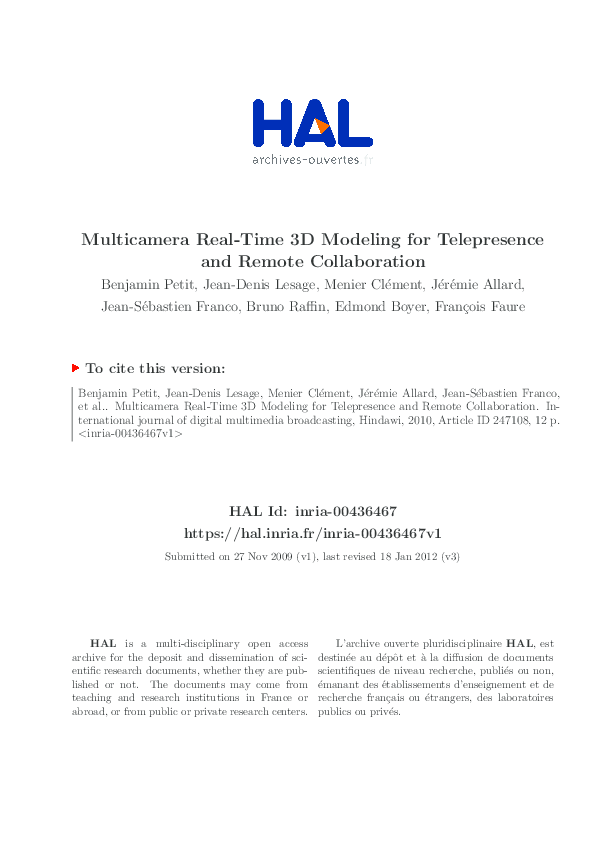 (PDF) Multicamera Real-Time 3D Modeling for Telepresence and Remote ...