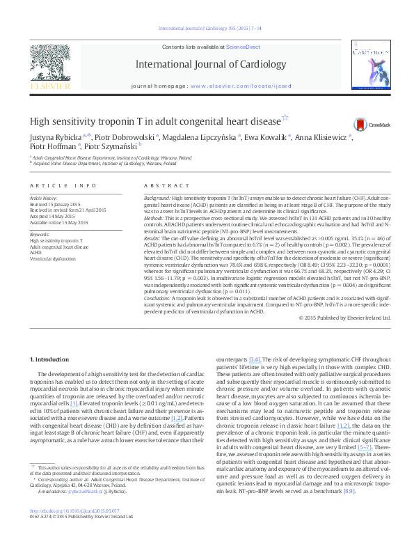 (PDF) High sensitivity troponin T in adult congenital heart disease