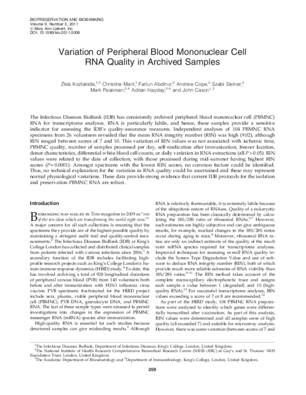 (PDF) Variation of Peripheral Blood Mononuclear Cell RNA Quality in ...