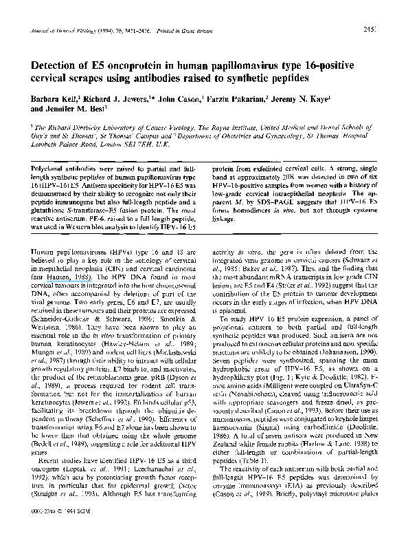 (PDF) Detection of E5 oncoprotein in human papillomavirus type 16 ...