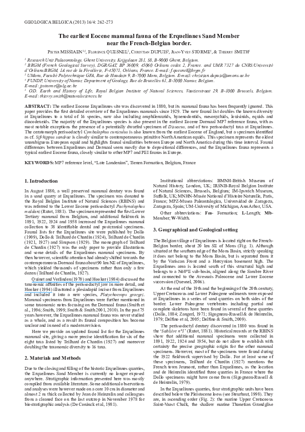 (PDF) The earliest Eocene mammal fauna of the Erquelinnes Sand Member ...