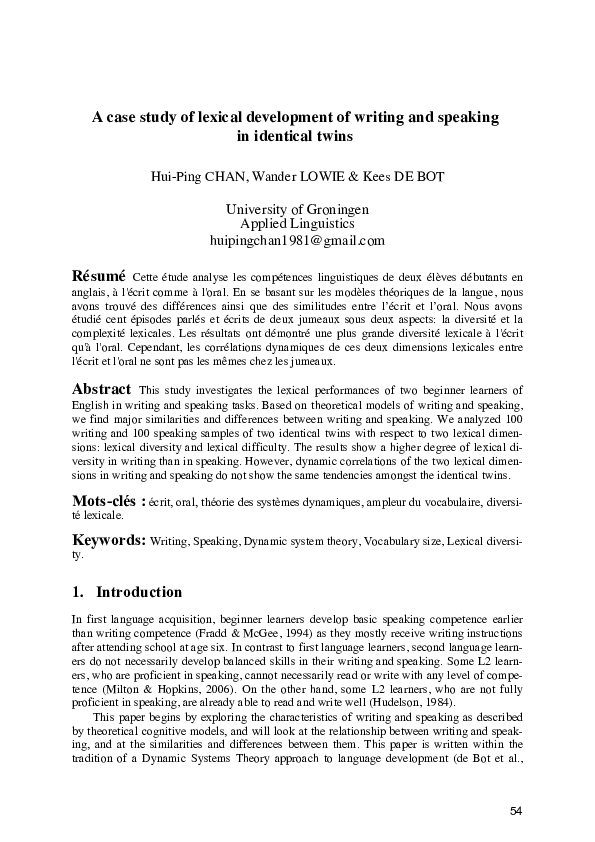 (PDF) A case study of lexical development of writing and speaking in ...