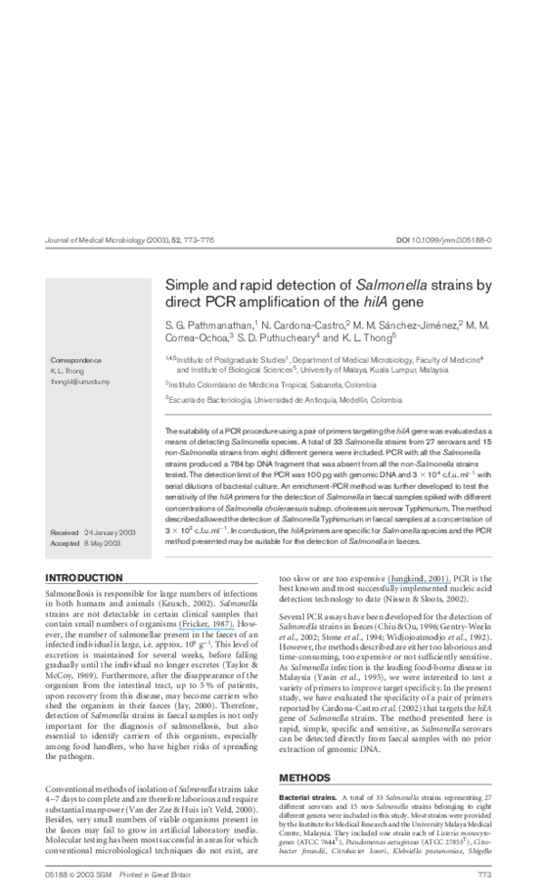 (PDF) Simple and rapid detection of Salmonella strains by direct PCR ...