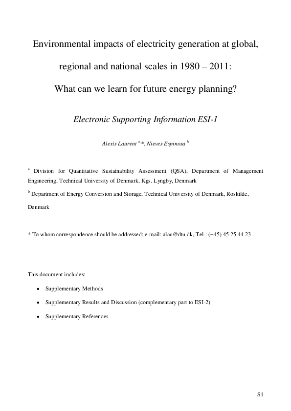 Laurent & Espinosa 2015 ES-1 Global Electricity Environmental sustainability EES