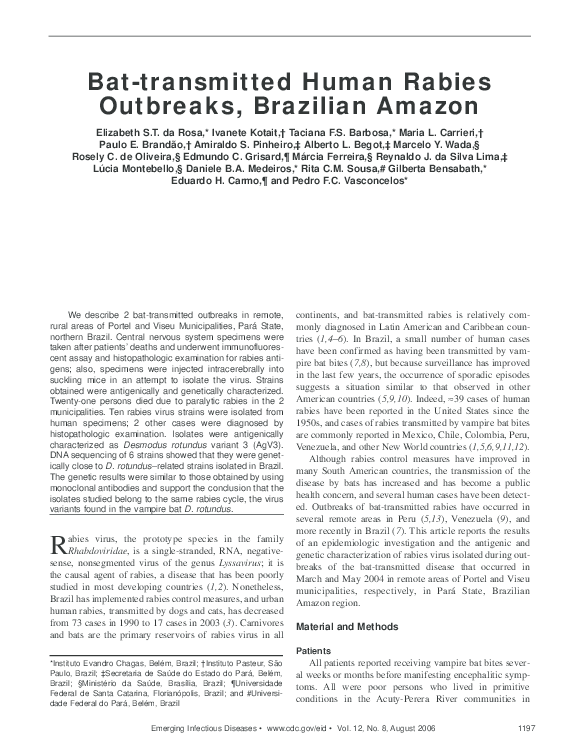 (PDF) Bat-transmitted Human Rabies Outbreaks, Brazilian Amazon