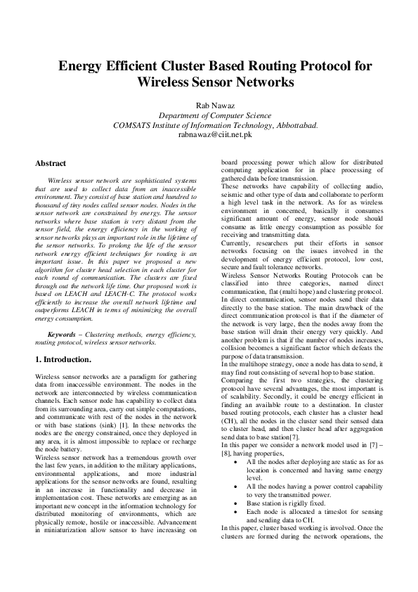(PDF) Energy Efficient Cluster Based Routing Protocol for Wireless ...