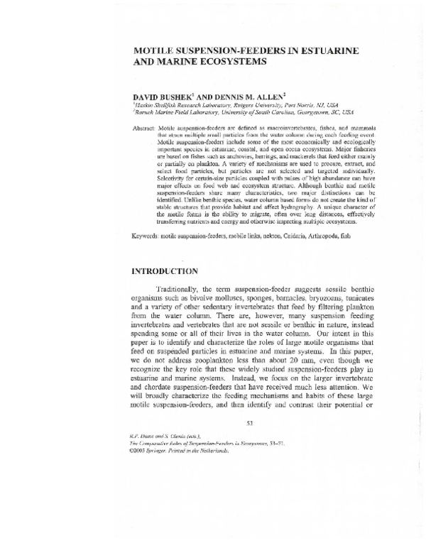 Pdf Motile Suspension Feeders In Estuarine And Marine Ecosystems