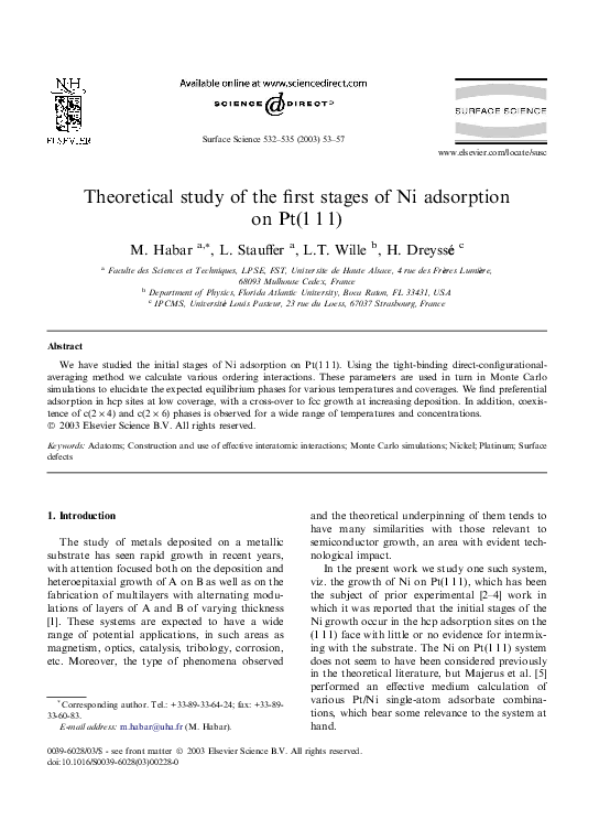 (PDF) Theoretical study of the first stages of Ni adsorption on Pt(111)