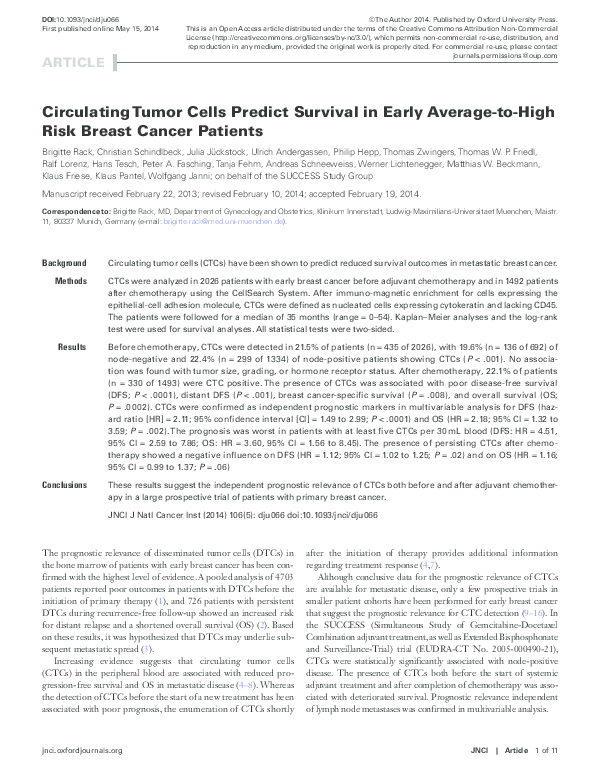 (PDF) Circulating Tumor Cells Predict Survival in Early Average-to-High ...